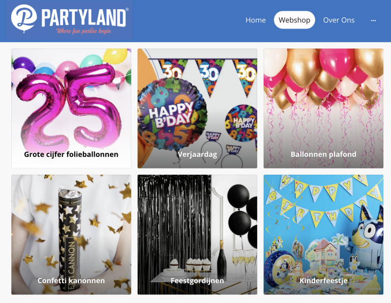 Voorpagina van Partyland webshop